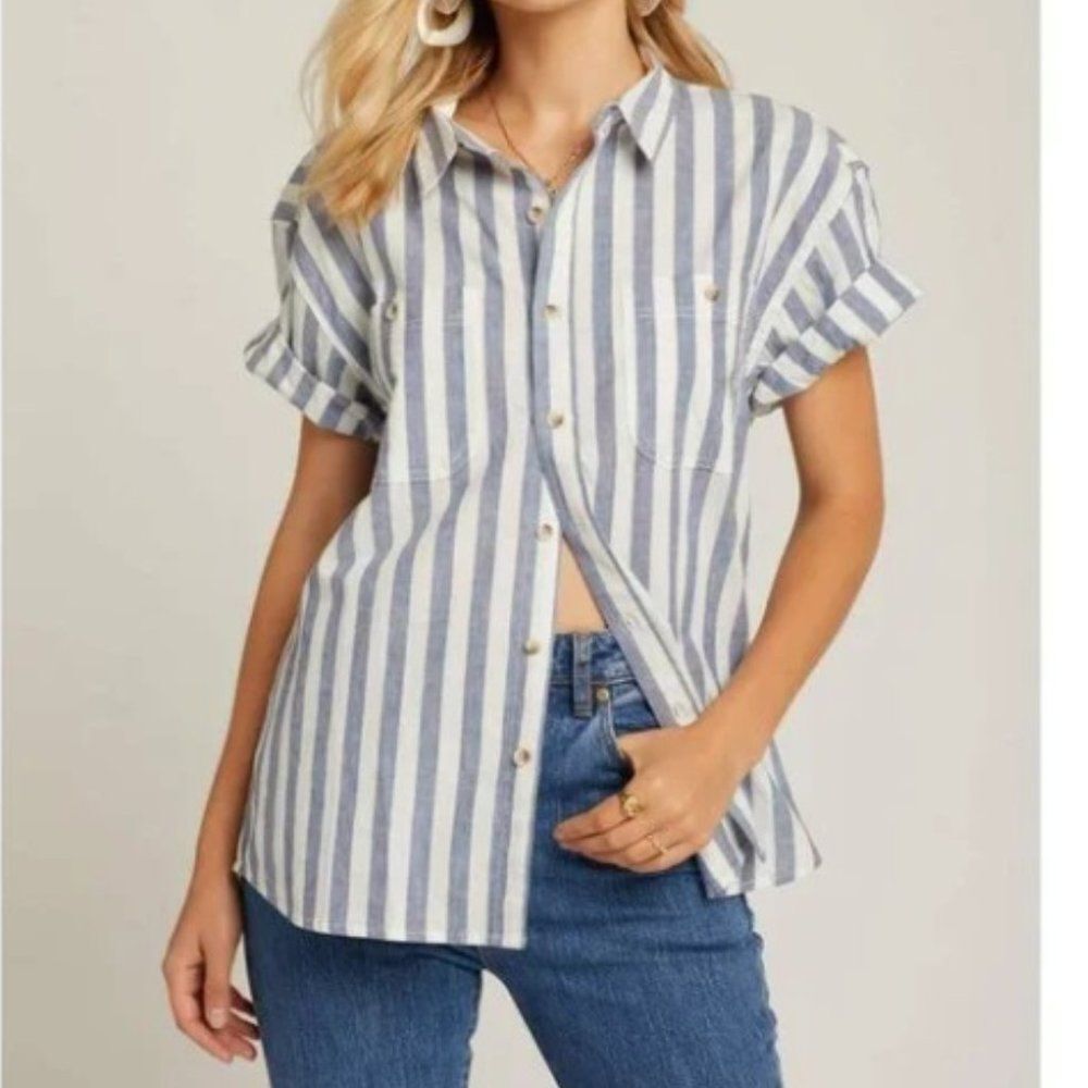 Rolla's Daria Shirt Striped Blue White Button Front Short Sleeve Cotton Top 6 XS